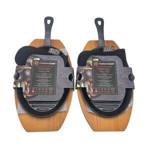Masterclass Cookware Set of 2 Cast Iron Fajita Pan Wooden Trivet And Handle Mitt
